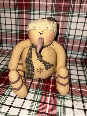 Honey and Me Primitive Cloth Snowman Figure in Tan with Plaid Scarf Retired